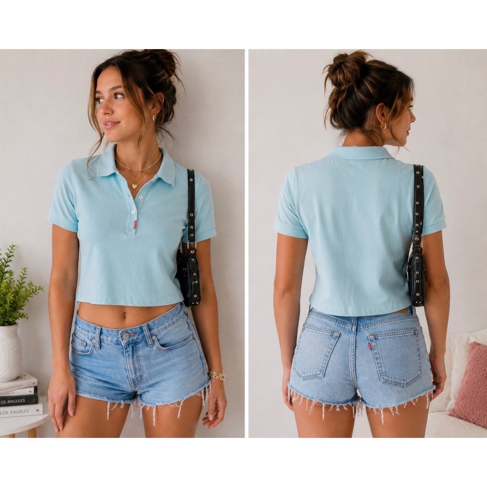 Nike Polo Dri-FIT Loose Fit Cropped Polo Shirt Light Blue Womens Small